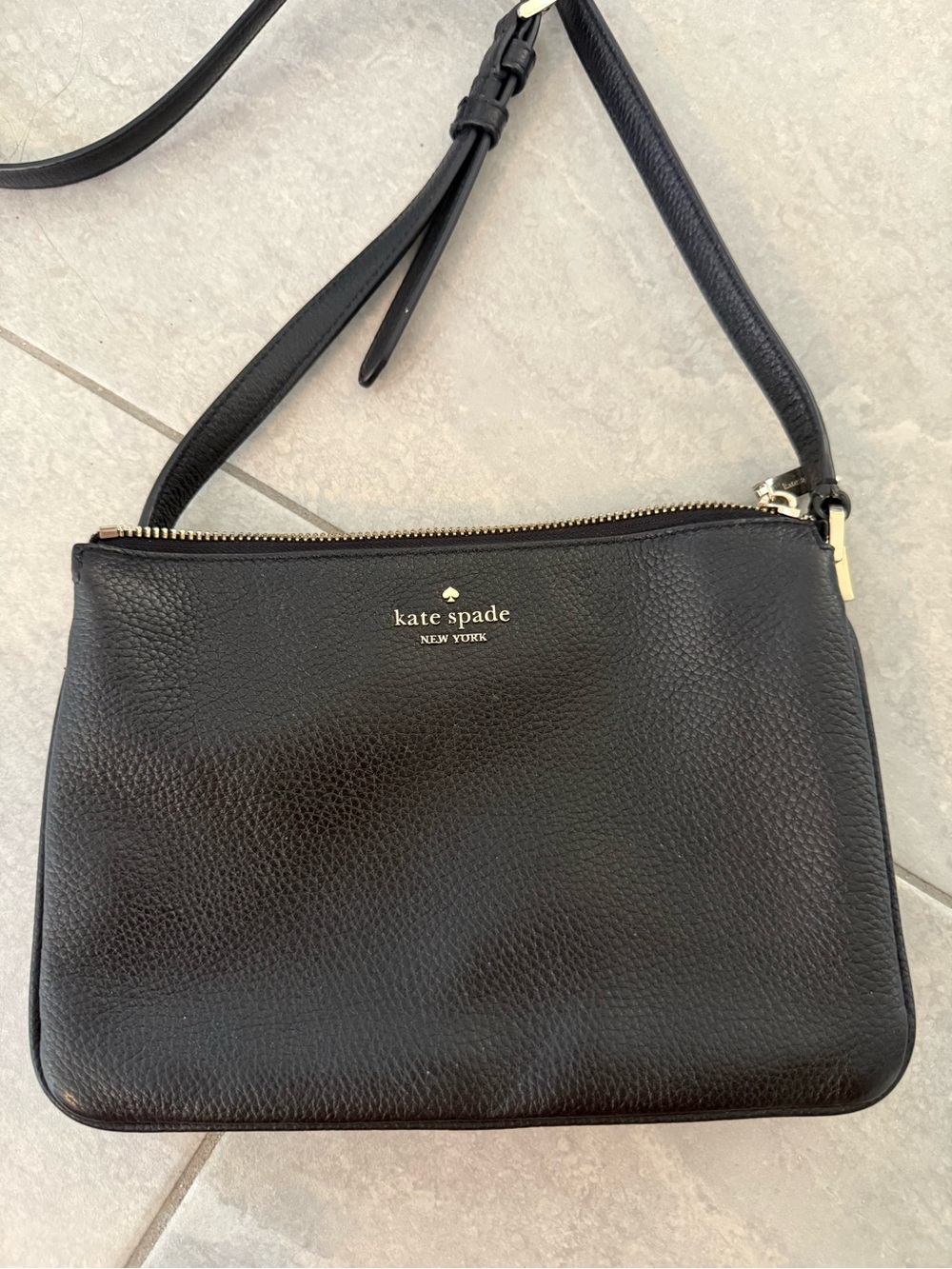 Kate Spade Triple Gusset Black Pebbled Leather Crossbody with Gold Hardware